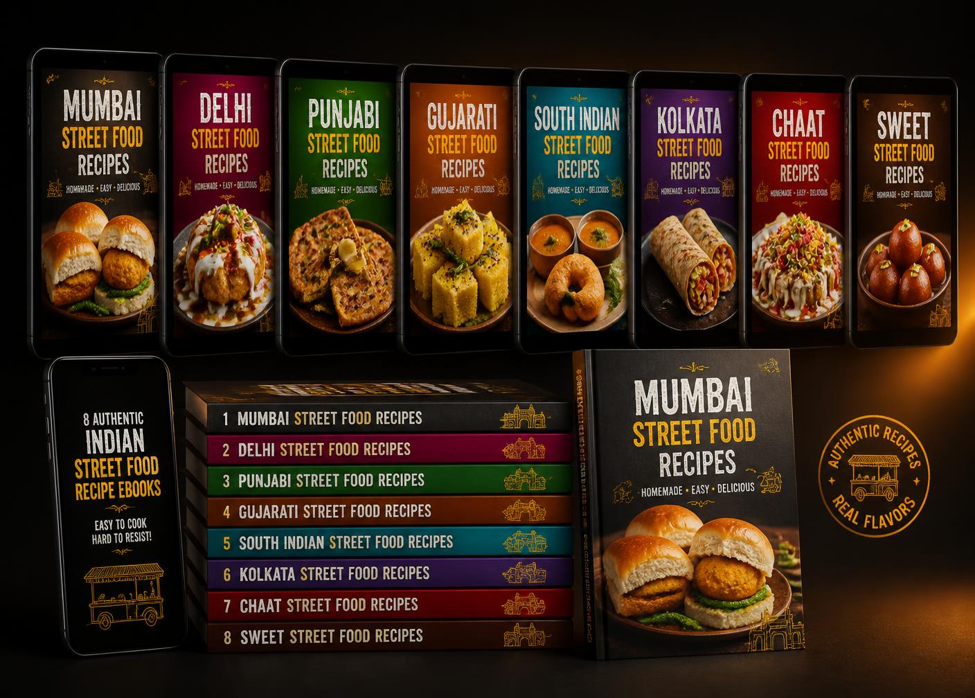 Mockup of the 8 street food recipe books on phone, tablet and printed copies