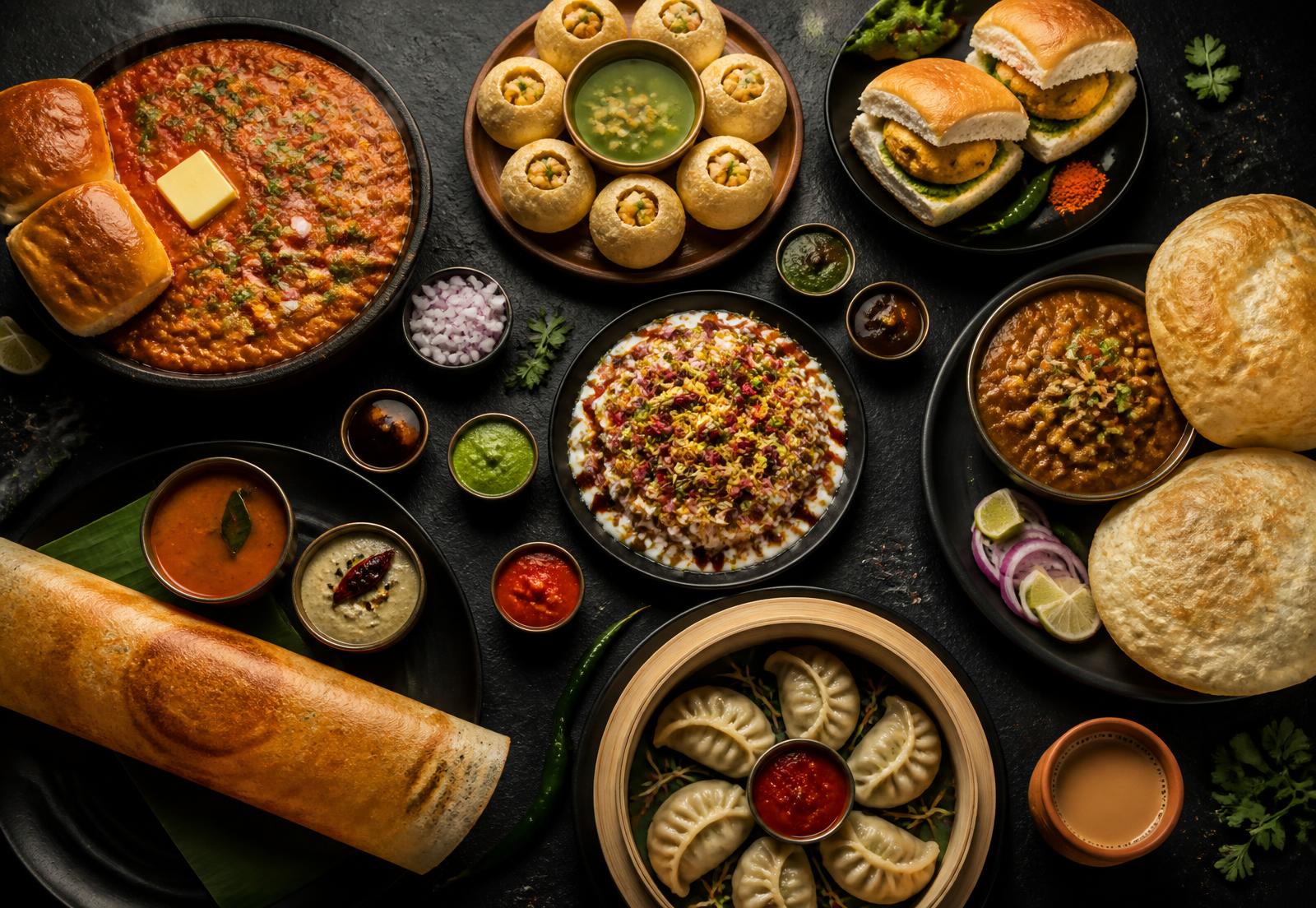 Indian street food spread with pav bhaji, golgappa, dosa and momos